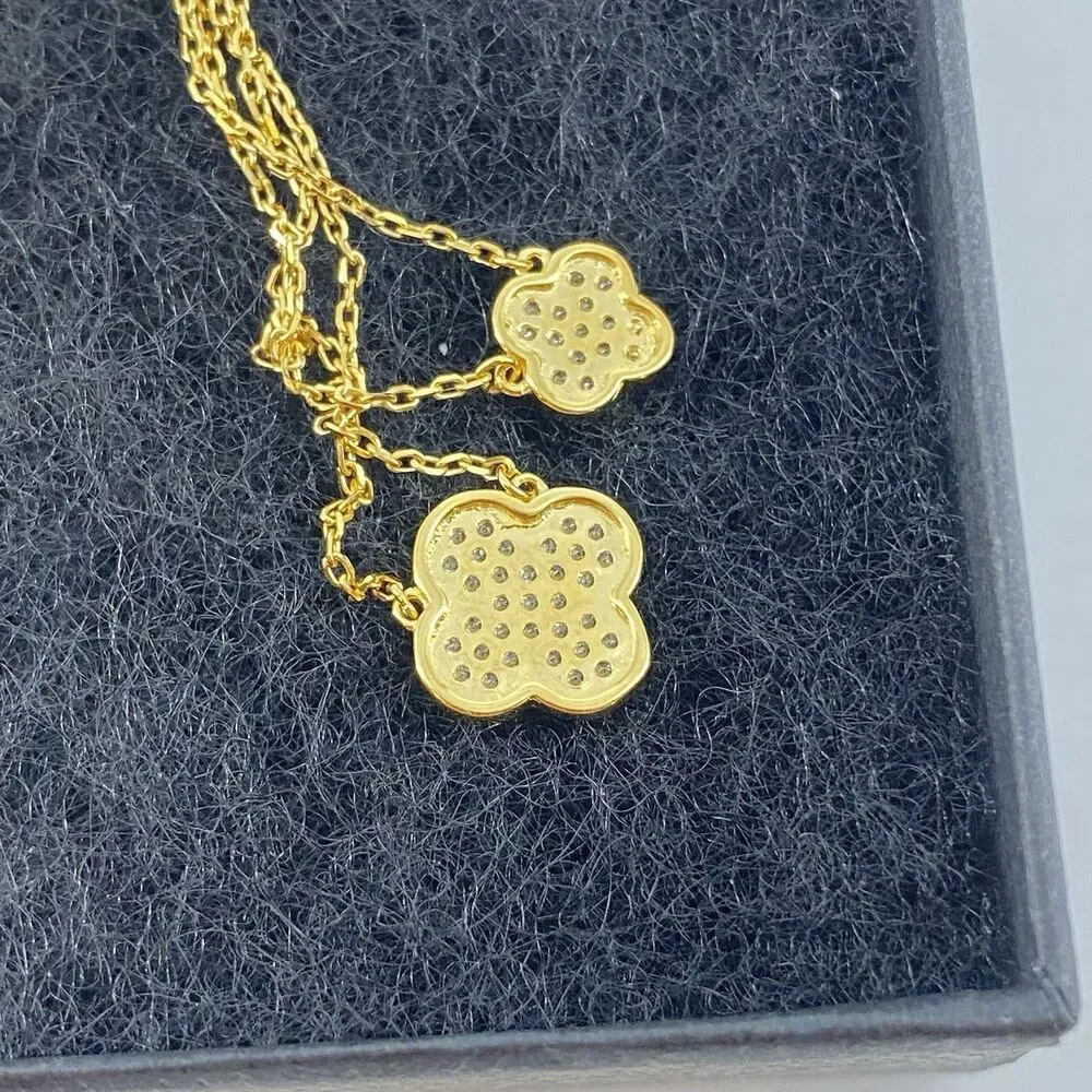 Rachel Zoe CZ Pavé Double Clover Necklace Gold Plated 925 Sterling Silver 18”